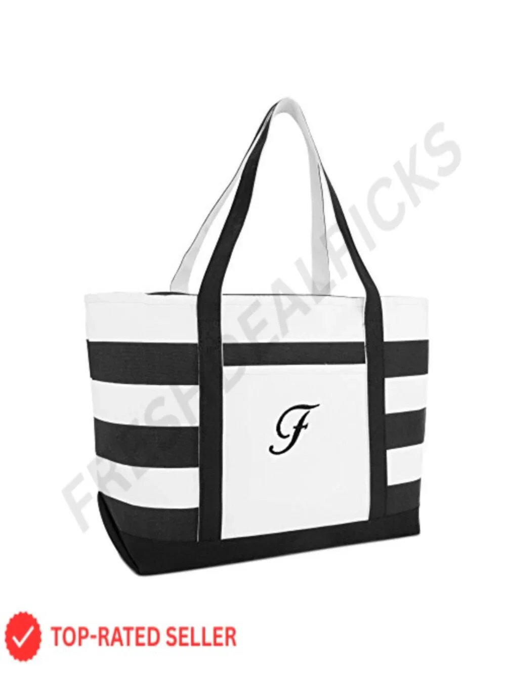 Cotton Canvas Striped Beach Tote with Embroidered Initial, Top Zipper, Front